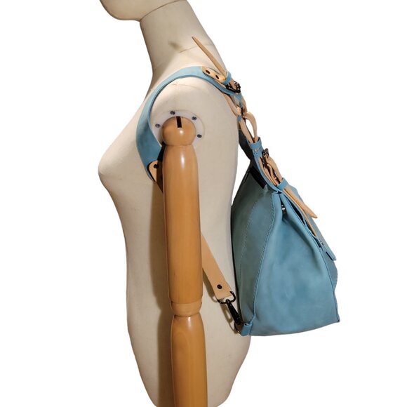 Handmade Light Blue Leather Convertible Backpack Shoulder Bag Crossbody Hobo main image 8